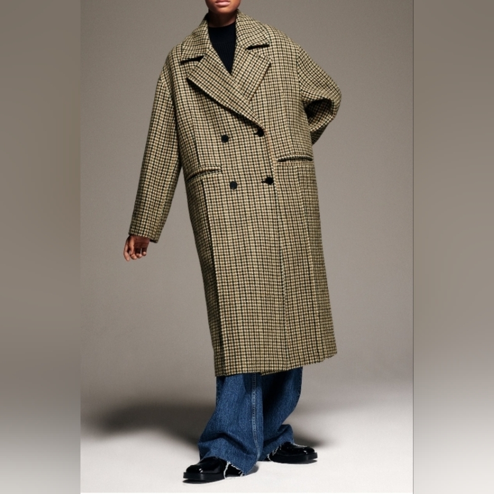 ZARA Houndstooth Oversized Double Breasted Plaid Long Coat Jacket Size M